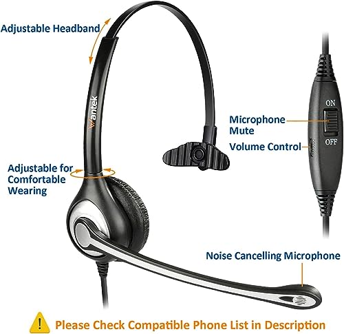 Wantek Phone Headset with Microphone Noise Cancelling & Mute Switch | RJ9 Telephone Headsets Compatible with Office Landline Phones CISC 6851 6945 7841 7861 7942 7945 7961 7962 7965 8811 - color: black/silvery