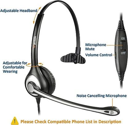Wantek Phone Headset with Microphone Noise Cancelling & Mute Switch | RJ9 Telephone Headsets Compatible with Office Landline Phones CISC 6851 6945 7841 7861 7942 7945 7961 7962 7965 8811 - color: black/silvery