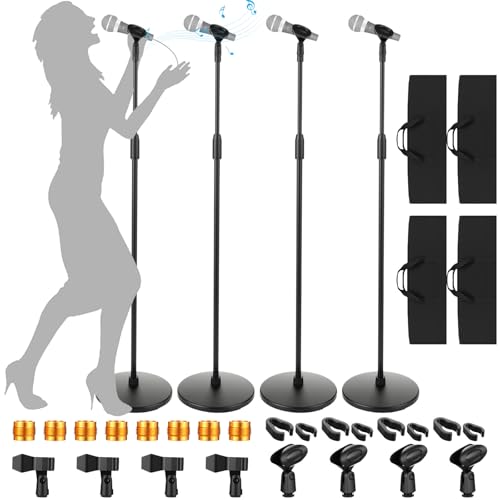 Relaxweex 4 Pcs Tripod Microphone Stand Kit for Bands & Studios Boom Arm Floor Mic Stand Adjustable Height 31.5-67 inch with Weighted Round Base, 4 Carrying Bag and 8 Mic Clips for Karaoke Church