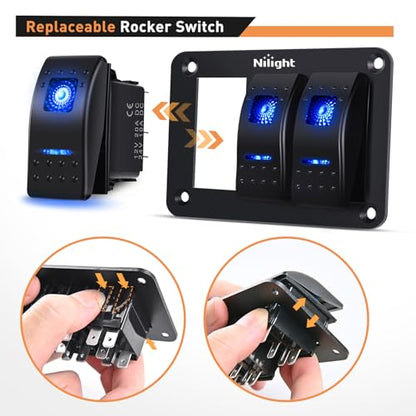 Nilight 90017C 3 Gang Aluminum Panel Toggle Dash 5 Pin On/Off Pre-Wired Rocker Switch Holder for Automotive Car Marine Boat, 2 Years Warranty,Blue - color: Blue, size: 3 Gang