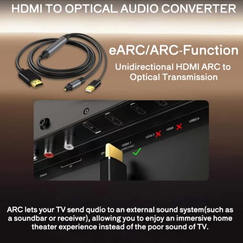 192kHz HDMI eARC to Optical Audio Adapter - 6FT,Not Support CEC - size: 6FT