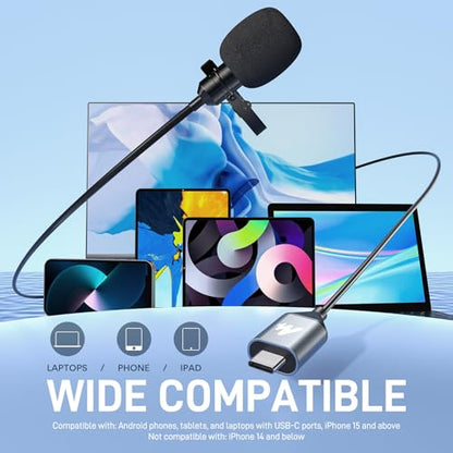 MAONO USB-C Lavalier Microphone, 192kHz/24bit for Interview and Vlogging | Omnidirectional, Plug & Play for iPhone15, iPad, Android, Conference Call, YouTube Video, Dictation, Meeting, Recording, UL11