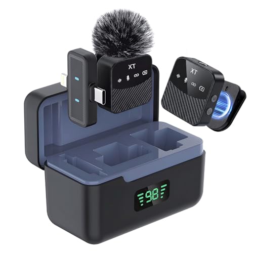 Wireless Lavalier Microphone, Mini Compact Lapel Mic with Magnetic Clip & Charging Case, 25H Long Battery Life, Noise Reduction, Dual Interface for iPhone Android Video Recording Vlogging Podcast