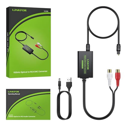 LiNKFOR 192kHz DAC Converter Digital to Analog Converter Digital Optical SPDIF Toslink to Analog Stereo Audio RCA L/R Audio Adapter with Optical Cable for HDTV Blu Ray DVD Amps (RCA Female) - style: RCA Female