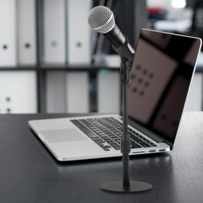 Luxshiny Microphone, round Adjustable Stand Desktop and Metal with Mic Base Space-saving Design, Universal Compatibility, Black Holder for Singing Performance