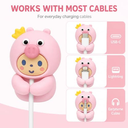 Adorable Pink Piggy with Crown Cable Organizer (2-Pack), Cute Cartoon Cable Clips, Self-Adhesive Wire Holder for Desk, Nightstand, Home & Office Cable Management - color: pink-1