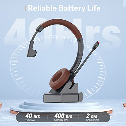 Wireless Headset with Microphone Noise Canceling for Laptop PC Computer | Bluetooth Headphone, Call Center Office, Single Ear, Built-in Bluetooth Dongle, Work with UC Softphones Ms Teams, Zoom, Webex - style: Mono