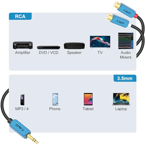 J&D 3.5 mm to 2 RCA Cable, 3.5 mm Male to 2RCA Female Stereo Audio Adapter Extension Cable RCA Female to 3.5mm Male with Heavy Duty Gold Plated RCA to AUX Adapter, 1 Feet