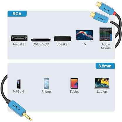J&D 3.5 mm to 2 RCA Cable, 3.5 mm Male to 2RCA Female Stereo Audio Adapter Extension Cable RCA Female to 3.5mm Male with Heavy Duty Gold Plated RCA to AUX Adapter, 1 Feet