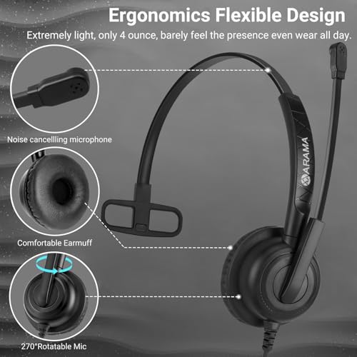 Arama USB Headset with Microphone Noise-Cancelling, Comfort Fit Computer Headset with Microphone for PC Laptop Mac Skype Zoom UC Webinar Business Call Center Home Office (Black-Monaural)
