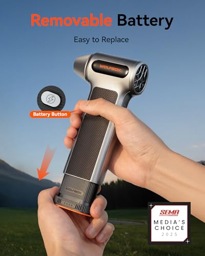 WOLFBOX MF200 Compressed Air Duster, Removable Battery, Car Cleaning, Home | 4 Nozzles, Cordless, 3-Speed Adjustable, Mini Blower, Computer Keyboard, Outdoor Use, 0.85 lb Portable, 2 Brushes