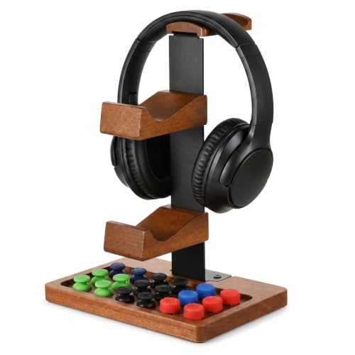 Wooden Headphone and Controller Stand, Wood Controller Stand | Brown Game Controller Holder Durable Headphone Stand with Controller Holder and Storage Base for Game Lover, Game Room Decor