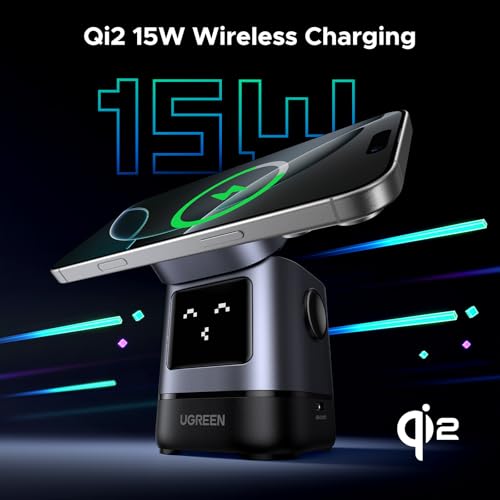 UGREEN Uno Qi2 15W 2-in-1 Foldable Wireless Charger Stand | Qi2 Certified, Adjustable Viewing, Wireless Charger for iPhone 17/16/15/14/13/12 series and AirPods 2/3/Pro, No Adapter