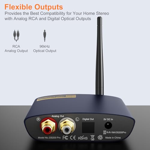 1Mii DS200Pro HiFi Bluetooth 5.3 Receiver with LDAC & Audiophile DAC, aptX HD Low Latency Wireless Audio Adapter, Long Range, RCA/Optical Output for Home Stereo/Amplifier/AV Receiver – Blue - color: Blue