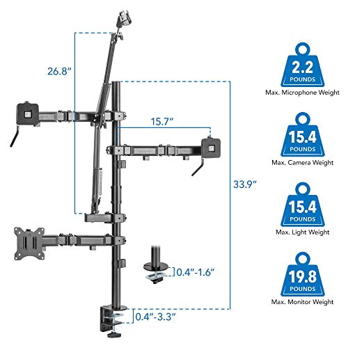 Mount-It! All-in-One Streaming Desk Mount – 4 Arm Setup for Monitor, Camera, Ring Light & Mic – Live Stream Equipment for YouTube, Podcast, Gaming, Zoom – VESA Compatible, Clamp/Grommet Base - size: 4 arm