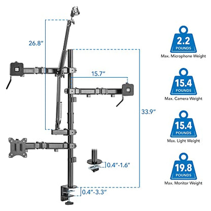 Mount-It! All-in-One Streaming Desk Mount – 4 Arm Setup for Monitor, Camera, Ring Light & Mic – Live Stream Equipment for YouTube, Podcast, Gaming, Zoom – VESA Compatible, Clamp/Grommet Base - size: 4 arm