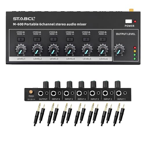 Mini 6-Channel Audio Mixer with 6 input 6.35mm&3.5mm Jack, Stereo Line Mixer for Sub-Mixing, Multi-Input (Mic/Guitar/Keyboard/Bass), Powered by 5V DC