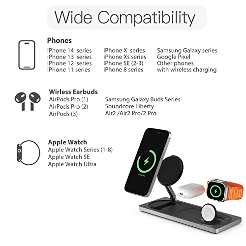 3 in 1 Wireless Charging Station for Apple Devices with MagSafe | For iPhone 17/Air/16/15/14/13/12, AirPods & Apple Watch, Foldable Portable Aluminum Charging Stand, Adapter Included - color: Black