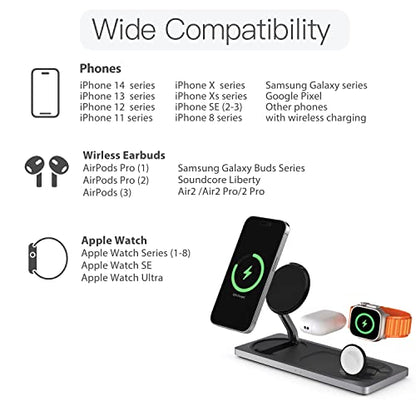 3 in 1 Wireless Charging Station for Apple Devices with MagSafe | For iPhone 17/Air/16/15/14/13/12, AirPods & Apple Watch, Foldable Portable Aluminum Charging Stand, Adapter Included - color: Black