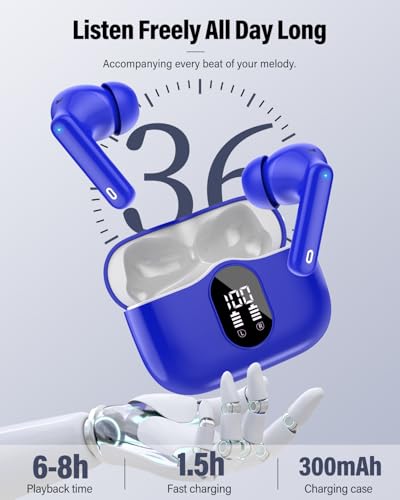 Wireless Earbuds, Bluetooth 5.4 Headphones Bass Stereo/Clear Calls, Blue | Ear Buds with Noise Cancelling Mic LED Display in Ear Earphones IP7 Waterproof 36H Bluetooth Earbuds for Phones/Sport/Laptop - color: Blue
