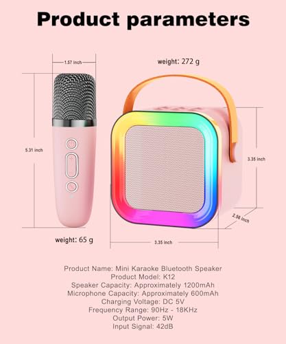 Mini Kids Karaoke Machine Ages 3-12, Wireless Mics Bluetooth Speaker, Pink | LED Party Lights, Voice Changer, Duets, BT 5.3, Rechargeable Portable, Birthday Christmas Toys & Gifts for Boys & Girls - color: Pink - 1 Mic