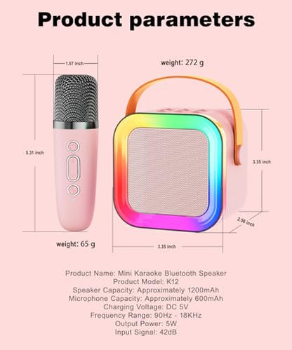 Mini Kids Karaoke Machine Ages 3-12, Wireless Mics Bluetooth Speaker, Pink | LED Party Lights, Voice Changer, Duets, BT 5.3, Rechargeable Portable, Birthday Christmas Toys & Gifts for Boys & Girls - color: Pink - 1 Mic