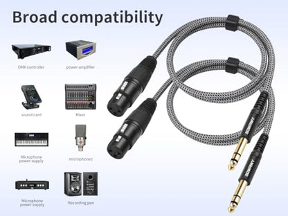 2 Pack XLR Female to 1/4 TRS Cable 3FT – Braided Balanced Audio Cord, 3-Pin XLR Female to 6.35mm TRS Male Microphone Cable for Mixer, Active Speakers, Studio Equipment