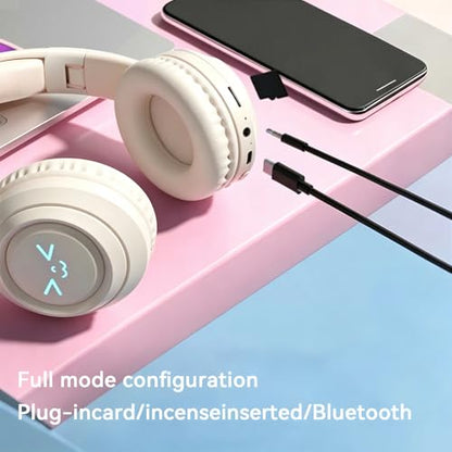 Cat-Ear Wireless Headphones Bluetooth 5.3 Over the Ear Headphones with RGB Light Built-in Mic Foldable Fashionable Stereo Headset Support TF Card for Gaming Travel PC Phone iPad（Cream White） - color: Cream White
