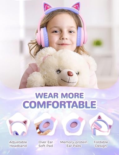iClever BTH13 Kids Bluetooth Headphones for Girls, LED Cat Ear Travel Gift | SafeSound Tech, 50H Playtime, USB C Charging, AUX Cable, Stereo Sound, Kids Headphones Wireless with Mic for Tablet, Purple - color: Light Purple