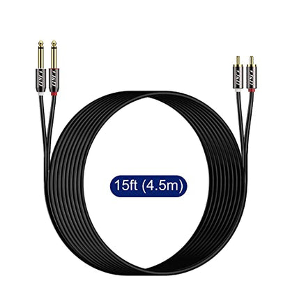J&D 1/4 to RCA Cable, Gold Plated Copper Shell Heavy Duty 2X6.35mm TS to Dual RCA Stereo Audio Interconnect Cord for AV Receivers, Speakers, Home Audio Systems, Amplifiers, 15 Feet - size: 15 Feet