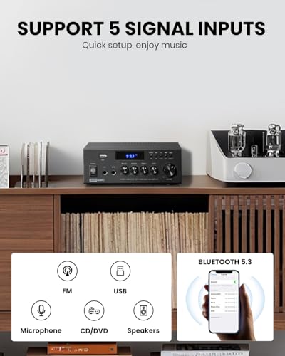 Moukey Amplifier Home Audio, 2.0 Channel Stereo Receivers with Bluetooth 5.3, Full Function Remote, FM, RCA, USB, 2 Mic in, 300W Peak Power, for Karaoke, Garage, Home Theater, MAMP3 - size: 300W Peak, 20W× 2 RMS