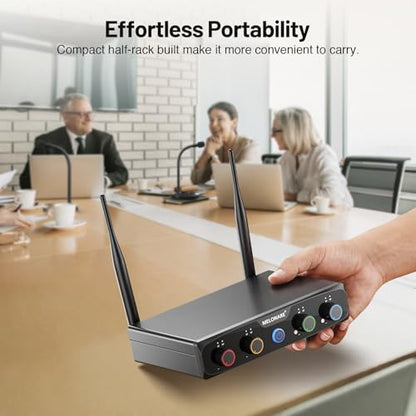 MELONARE 4-Channel Wireless Conference Microphone System MWM-41-4G | 4 gooseneck mics, 4 x 10 frequencies, 200 ft range, UHF cordless setup for lecture, church, conference and public speaking - size: 4 Gooseneck Mics
