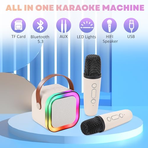 Mini Karaoke Machine, Portable Bluetooth Karaoke Speaker with 2 Wireless Microphones and Light for Family Home Party,Toys for Girls Boys Friends Age 3-12+ Kids and Adults Birthday Gifts. (Beige) - color: white