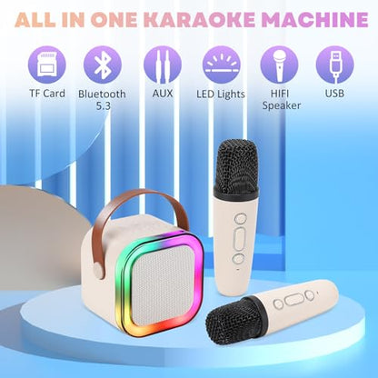 Mini Karaoke Machine, Portable Bluetooth Karaoke Speaker with 2 Wireless Microphones and Light for Family Home Party,Toys for Girls Boys Friends Age 3-12+ Kids and Adults Birthday Gifts. (Beige) - color: white