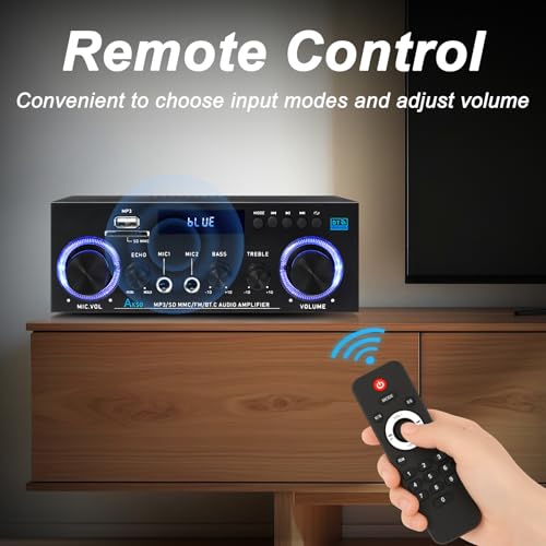 AK50 Stereo Amplifier Home Audio, Stereo Receivers 400W Home 2 Channel Bluetooth 5.0 Power Amplifier System, FM Radio, USB, SD Card, with Remote Control for Home Theater Speakers Studio, Karaoke - color: Black