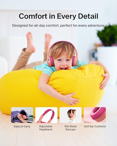 Belkin SoundForm Mini Bluetooth Kids Headphones with Case, 30H Battery Life | Toddler headphones, carrying case included, 85dB volume limiter, built-in mic, iPad, Android tablet, school - color: Pink, style: Wireless (USB-C) + Case