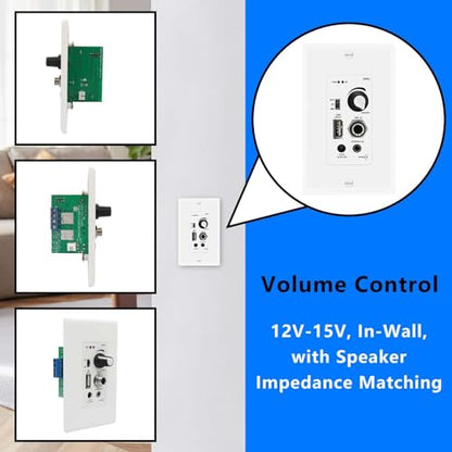 in Wall Audio Control Amplifier Receiver Compatible with Bluetooth 2 Channel Wall Plate with USB Microphone Aux (3.5mm) Input 120W for Sound Systems Home Theater Integration