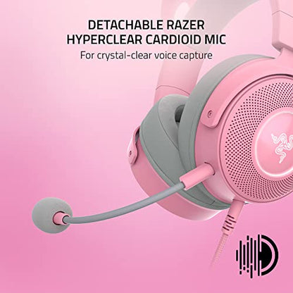 Razer Kraken Kitty V2 Pro Wired RGB Headset: Interchangeable Ears (Kitty, Bear, Bunny) - Stream Reactive Lighting - Detachable HyperClear Cardioid Mic - 50mm Drivers - 7.1 Surround Sound - Quartz Pink - color: Quartz Pink