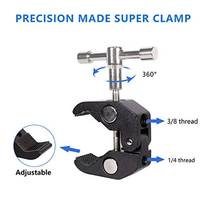 Cool Dual Ball head Magic Arm Adapter Camera Clamp Mount Super Clamp with 1/4 and 3/8 Thread, for DSLR Camera Rig, LED Light, Flash Light, Action Cam, 2Pack