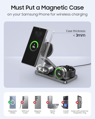 3 in 1 Foldable Magnetic Wireless Charging Station for Samsung, Wireless Charger Stand for Galaxy S26 Ultra S25/S24 /Note 20/Flip 7/Fold 7, for Galaxy Watch Ultra/8/7/6,Galaxy Buds 3/3 Pro - color: Black