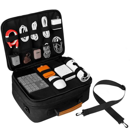 Extra Large Electronics Organizer Travel Case, Cable Organizer Bag with Shoulder Strap, Electronics Accessories Storage Double Layer Bags for Cord, Tablet, Headphone, Charger, Tools, DJ Gifts-Black