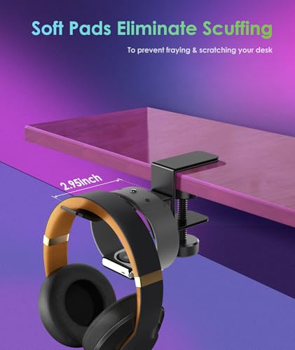 6amLifestyle Headphone Headset Holder Hanger, Universal Metal Gaming Headphones Stand Mount Under Desk Hook Clip with Adjustable Clamp for All Headsets, Black