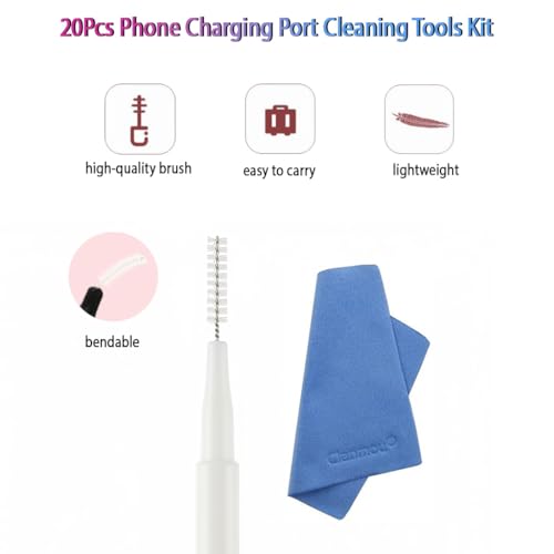 20Pcs Charging Port Cleaner, Speaker Port Cleaner Kit fit for iPhone Phone, Phone Cleaning Kit for Cell Phone Earbuds, Receiver AirPods 4, Tablet Camera Etc