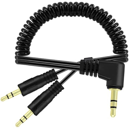 Yeebline 90 Degree 3.5mm Male to 2 Male Audio Splitter Coiled Cable, 2 Way 1/8" TRS Spring Aux Y Splitter Cord for Headphone and Speaker Sharing, Compatible with Phones, Laptops