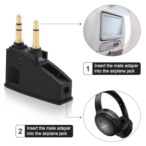 Dual 3.5mm Male to 3.5mm Female Airplane Headphone Adapter, Gold-Plated Tip, Foldable Plug, Compatible with Bose Headphones and Other 3.5mm Jack Devices