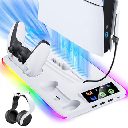 BRHE PS5/Slim Cooling & Charging Station,PS5/Slim Stand for Disc & Digital Console,PS5 Controller Charger,PS5 Slim Accessories with 3 Charging Ports,Cooling Fan,Headset Holder - color: White