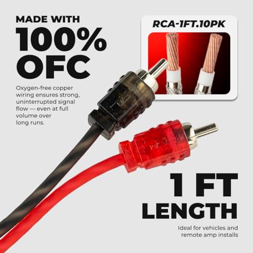 DS18 1FT Ultra Flex RCA Cable 10-Pack – 100% OFC Oxygen Free Copper Dual Male RCA Audio Cable for Car Audio Amplifiers, Subwoofers & Stereo Systems – Flexible Noise-Free Signal Interconnect