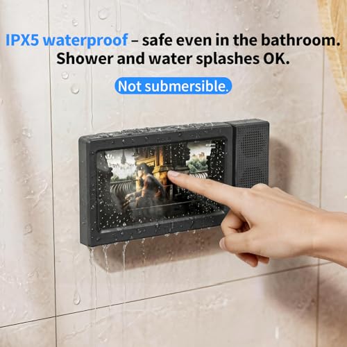 Shower Phone Holder Waterproof with Dual Bluetooth Speaker,360°Rotatable Shower Phone Case,Anti-Fog Bathroom Wall Mount for Mirror Bathtub Kitchen,Fits iPhone 17 16 S26U 4-7" Phone Stand(Deep Black) - color: Deep Black