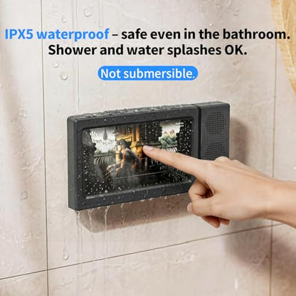 Shower Phone Holder Waterproof with Dual Bluetooth Speaker,360°Rotatable Shower Phone Case,Anti-Fog Bathroom Wall Mount for Mirror Bathtub Kitchen,Fits iPhone 17 16 S26U 4-7" Phone Stand(Deep Black) - color: Deep Black