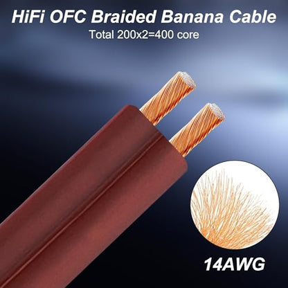 XMSJSIY Flex Pin Banana Speaker Cable 14AWG HiFi Audio OFC - 2M/6.56FT | Braided Banana Terminal Binding Post Gold-Plate Connector Loudspeaker Audio Speaker Wire for Amplifier Sound System